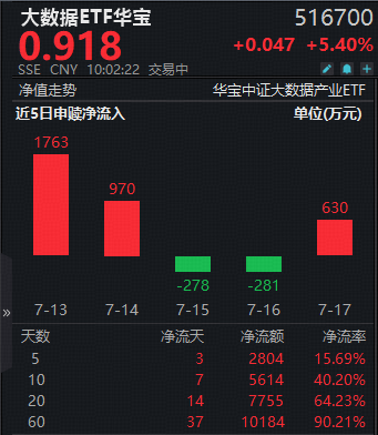 跃居全市场ETF涨幅榜第二！大数据ETF华宝（516700）暴涨6.2%，近60日狂揽1亿元！紫光股份登顶A股吸金榜首